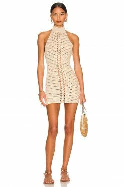 Camila Coelho Lyssa Hand Crochet Halter Mini Dress In Sand