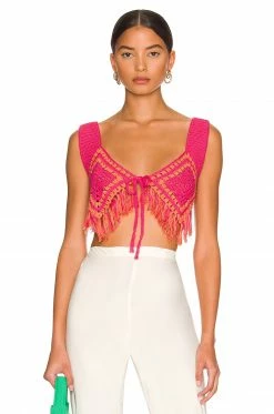 Camila Coelho Mira Hand Crochet Fringe Top In Raspberry & Orange